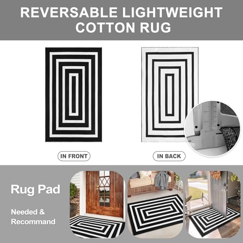 Lahome Black and White Outdoor Patio Rug, 3x5 Washable Outdoor Rugs for Front Door Mat Woven Cotton Area Rug, Geometric Indoor Outdoor Rugs Front Porch Rug for Bedroom Backyard