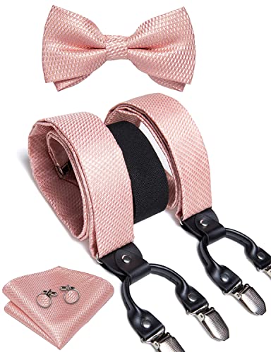 DiBanGu Light Blue Bow Tie and Suspenders for Men 6 Clips Adjustable Y Braces Paisley Pocket Square Cufflinks