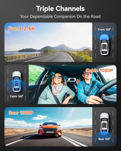 WOLFBOX i07 3 Channel Dash Cam Built-in WiFi GPS, 4K+1080P Dash Camera Front and Inside, 1440P+1080P+1080P Triple Car Camera with 3" LCD Screen, 32GB Card Included, IR Night Vision, 24H Parking Mode