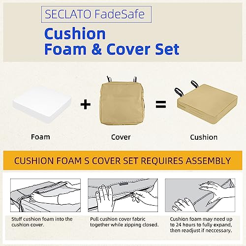 SECLATO Patio Chair Cushion 22x20x3 Inch Waterproof Outdoor Seat Cushions for Patio Furniture 5-Year Color Fastness Garden Sofa Couch Chair Pads with Handle and Adjustable Straps(2 Pack, Beige)