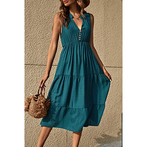 BROVAVE Womens 2025 Summer Sleeveless Shirt Dress Collar Striped V Neck Casual Midi Dresses(Dark Green, S)