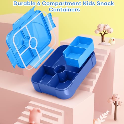 HOMETALL Bento Box for Kids - Leakproof Bento Lunch Box with 6 Compartments Portions Lunchbox for Kids Ages 3 to 7 Back to School, BPA-Free Reusable On-the-Go Meal and Snack Packing Containers, Blue