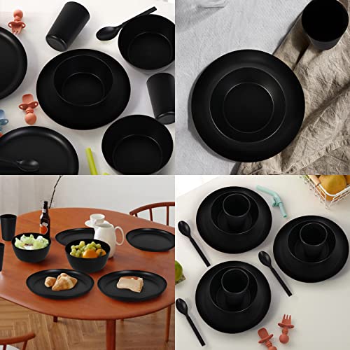 afcevnlb 48-Piece Plastic Wheat Straw Dinnerware Sets Plates and Bowls Sets for 8 Lightweight Bowls Unbreakable Dish Set Dishwasher Microwave Safe Suitable for Camping Party Grill（Black）