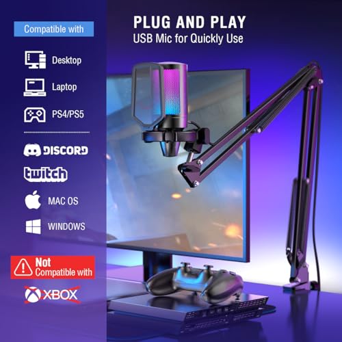 FIFINE Gaming PC USB Microphone, Podcast Condenser Mic with Boom Arm, Pop Filter, Mute Button for Streaming, Twitch, Online Chat, RGB Computer Mic for PC Gamer Youtuber-AmpliGame A6T