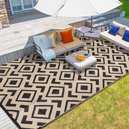 wikiwiki Outdoor Rug, 5x8ft Waterproof Reversible Mat Indoor Outdoor Rugs Carpet, Small Area Rug Plastic Straw Rug for Patio Deck Balcony Pool RV Camping Beach Picnic, Black & Beige