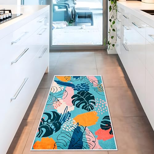 UBTKEY Small Area Rug 2x4.3, Ultra-Thin Non Slip Washable Entryway Rugs, Botanical Print Boho Kitchen Throw Rugs Indoor Door Mat for Entryway Front Door Entry Bedroom (Blue Green, 2' x 4.3')
