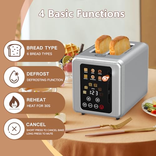 Touch screen Toaster 2 slice, Stainless Steel Digital Timer Toaster with Sound Function, 6 Bread Types & 6 Shade Settings, Smart Extra Wide Slots Toaster with Bagel, Defrost Functions (grey)