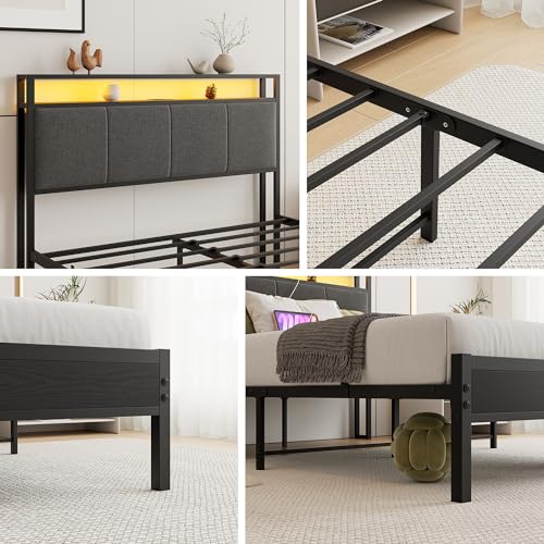 VECOCHO Twin Bed Frame with Charging Station and LED Lights,Upholstered Headboard with Storage Shelves,Heavy Duty Metal Slats, No Box Spring Needed,Noise Free, Easy Assembly,Black and Dark Grey