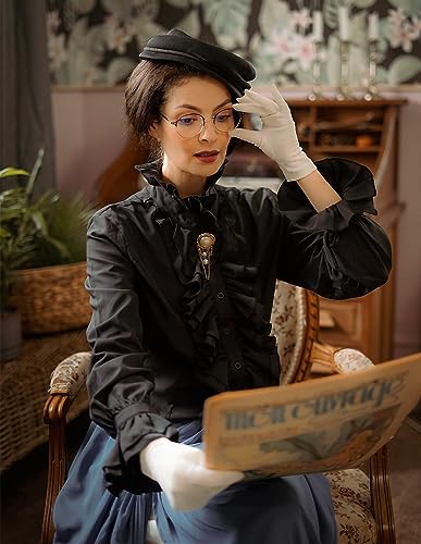Kate Kasin Women Long Sleeve Blouse Victorian Gothic Lotus Ruffle Shirts Blouse Black M