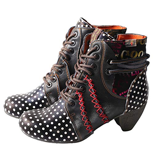 TMA EYES Boots for Women Lace-up Polka Dot Chunky Heels Ankle Boots(White,6)
