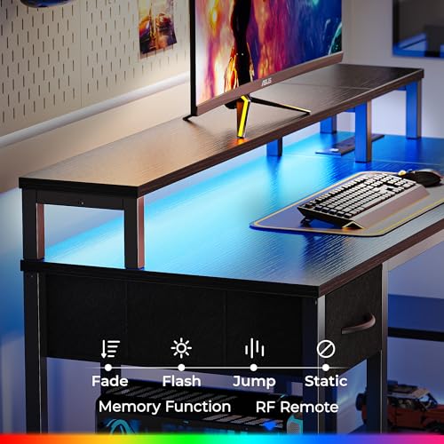 SUPERJARE 47 inch Reversible L Shaped Desk with LED Lights & Power Outlets, Computer Desk with Shelves & Monitor Stand, Gaming Desk with Drawer, Home Office Desk Corner Desk, Black