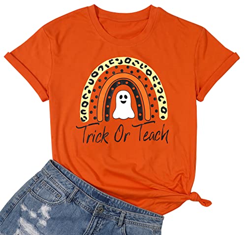 Trick Or Teach Shirt Women Halloween Teacher T-Shirts Rainbow Ghost Graphic Tees Tops Casual Letter Print Shirts Tops