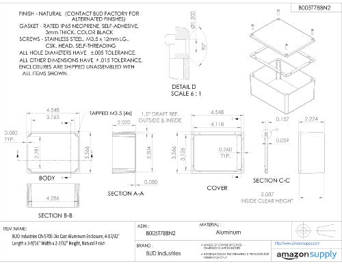 BUD Industries CN-5705 Die Cast Aluminum Enclosure 4.54" L x 3.57" W x 2.22" H, Natural