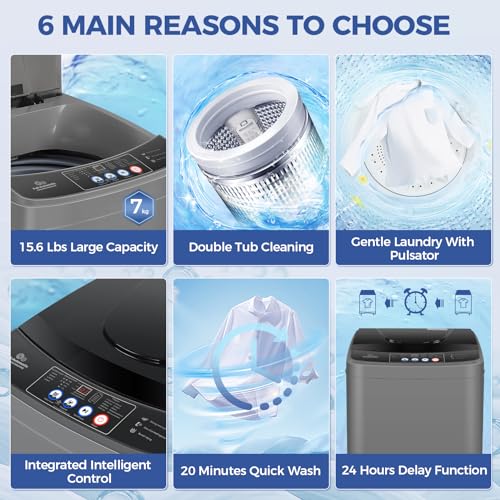 Nictemaw Portable Washing Machine 15.6Lbs Large Capacity 2.1 Cu.ft Laundry Machine with 10 Programs and 8 Water Levels Selections Compact Washer Machine for Apartment, Home, Dorms, Rv