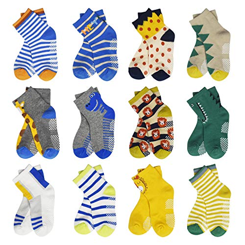 HYCLES Toddler Socks With Grip Non-Skid 12 Pairs Baby Kids Sticky Slipper Cotton Crew Socks 1-3T Children/Boy/Girl