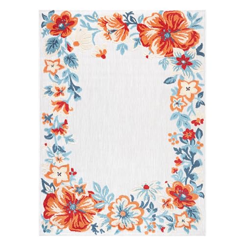 TOWN & COUNTRY EVERYDAY Hibiscus Bloom Border Modern Floral Indoor Outdoor Area Rug, UV Fade Resistant, High-Low Pile, Grey/Red/Blue, 3'11"x5'2"