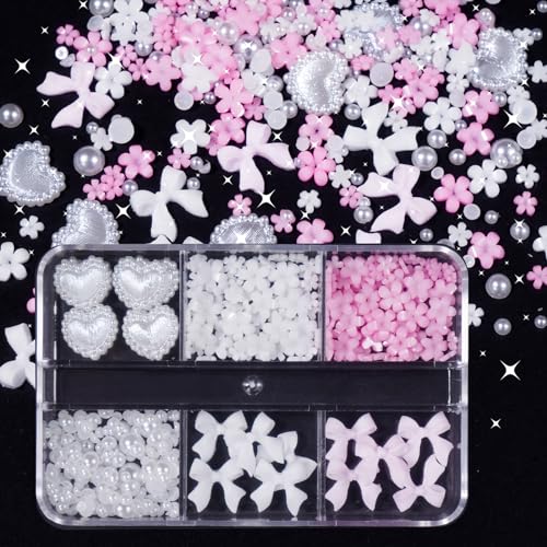 3D Pink Color White Flower Nail Charms Acrylic Bowknots Heart Nail Charms Tiny Flower Heart Pearls Nail Art Charms with Flatback Round Pearls Beads Charms for Nail Art DIY Crafting Decal Accessories