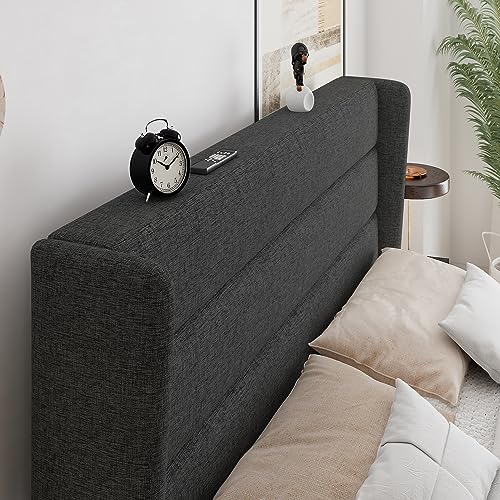 Feonase Queen Bed Frame, Upholstered Platform Bed Wingback, Wood Slats Support, No Box Spring Needed, Easy Assembly, Noise-Free, Dark Gray