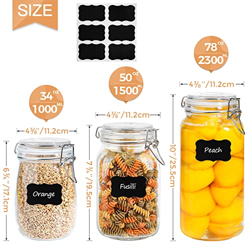 ComSaf Airtight Glass Canister Set of 3 with Lids 34oz Food Storage Jar Round - Storage Container with Clear Preserving Seal Wire Clip Fastening for Kitchen Canning Cereal,Pasta,Sugar,Beans,Spice