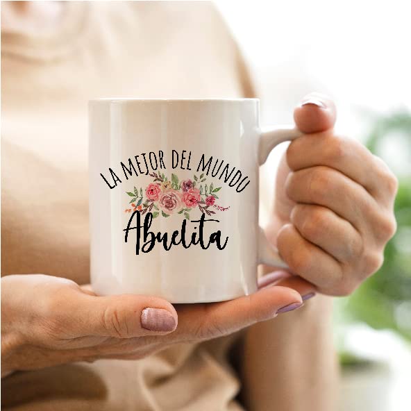 QASHWEY Best Grandma in The World Floral Coffee Mugs Mug, Abuelita Grandma Birthday Mother's Day Gifts From Grandkids,La Mejor Del Mundo Abuelita Spanish Double Side Printed Ceramic Mug Cup 11 Ounce