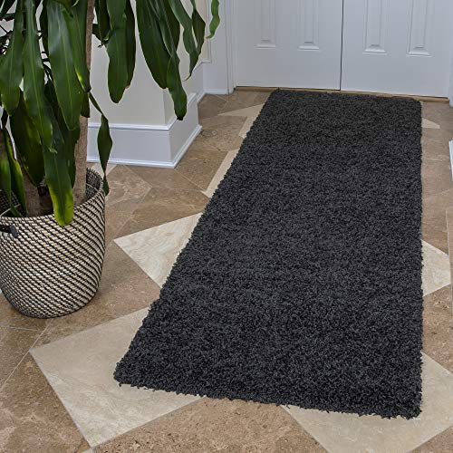 Ottomanson Indoor Solid Shag Design Rubber Back 2x6 Soft Pile Shag Runner Rug for Hallway, Entryway, Kitchen, Living Room, Bedroom, Bathroom, 2' x 6', Black