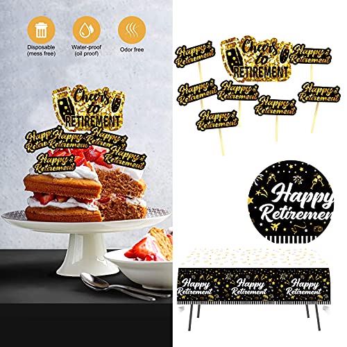 Happy Retirement Party Decorations supplies - (80pack) black gold party Banner, Pennant, Hanging Swirl, retirement balloons, Tablecloths, cupcake Topper, Crown, plates, Photo Props, retired Sash