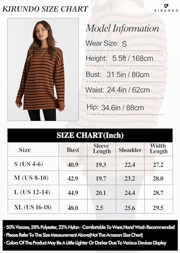 KIRUNDO Women's 2024 Fall Winter Oversized Long Sleeve Striped Sweater Casual Crewneck Side Split Pullover Knit Tops(Beige White, Small)