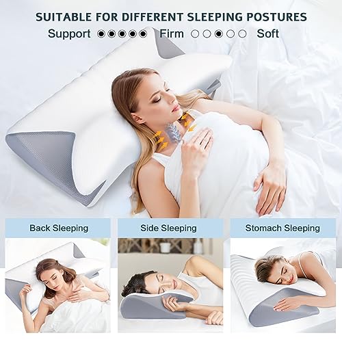 Hexus Cervical Pillow for Neck Pain Relief, Ergonomic Hollow Design, Odorless Memory Foam Pillow for Sleeping, Orthopedic Contour Neck Support Pillows for Side, Back, and Stomach Sleepers, Gray