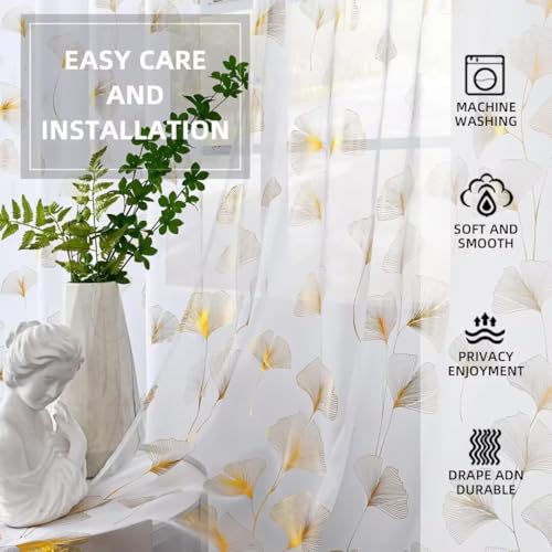 youleyar Silver Foil Print Voile Sheer Curtains,Wicker Grommet Top Window Drapes 63 Inches Long, Luxury Metallic Bronzing Treatment Panels for Home Window Decoration, 2 Panels