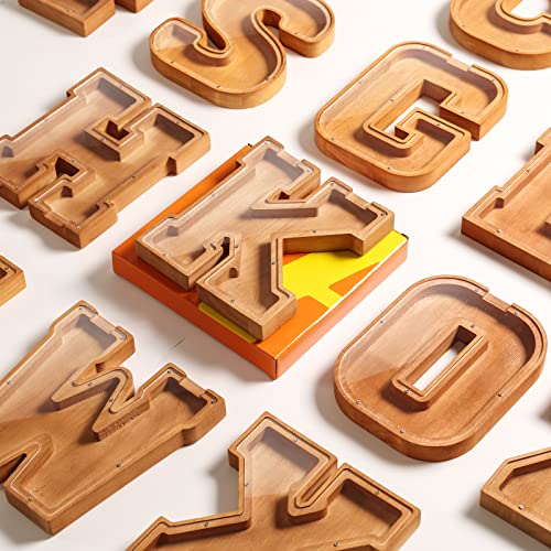 Wooden Letter Piggy Bank for Kids Boys Girls Large 26 Alphabet Money Bank Personalized Custom Name Transparent Saving Coin Bank, Perfect Christmas,Birthday Gift for kids Adults and Home Decoration (I)