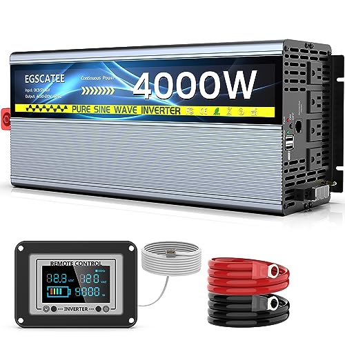 EGSCATEE 2500W Pure Sine Wave Inverter 12V DC to 120V AC Converter for Truck, Home, Vehicles, RV, (Peak) 5000W Solar Inverter with Dual 5V/3.4A USB, 4AC Outlets Remote Controller