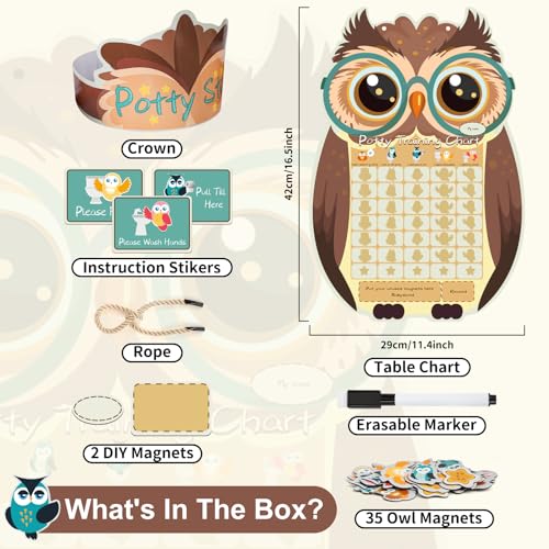 Potty Training Chart for Toddlers Boys and Girls, Large Owl Potty Chart with 37 Magnetic Stickers for Kids, Cute Reusable Potty Training Reward Chart with 3 Instruction Steps and Crown, Marker