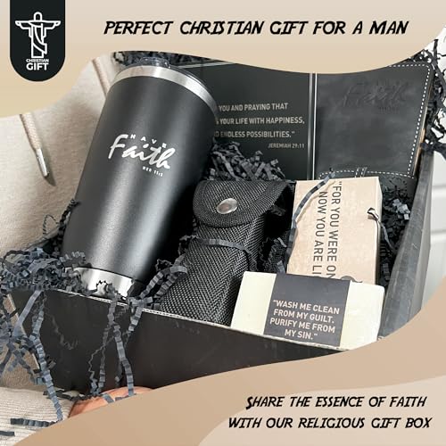 DEHITE Christian Gifts for Men - Religious Gift Basket Inspirational Present - | Insulated Tumbler | Notebook | Multitool Pocket Knife | Fire Starting Kit | - Christmas Gift Birthday Box for Father