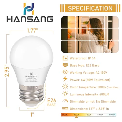 hansang LED Refrigerator Light Bulb E26 Base, 3000K Soft White, 6W Waterproof Appliance Bulb 60Watt Equivalent, A15 Small Fridge Light Bulb, Frigidaire Freezer Bulbs, 120V, 600LM, 2 Pack, Non-Dimmable