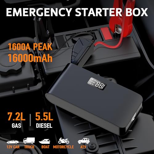 Jump Starter,1600A Car Battery Jump Starter(up to 7.2L Gas and 5.5L Diesel Engine),Portable Car Jump Starter,12V Car Battery Charger, Battery Booster, Jump Box with USB 3.0 Wall Charger