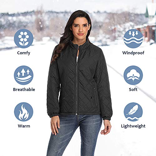 PEIQI Quilted Jacket for Women Outwear Puffer Zip-up Stand Collar Padded Jacket Winter Coat with Pockets Black X-Small