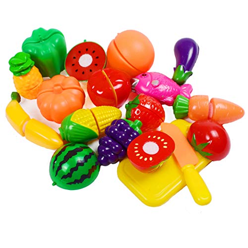 Cutting Fruits Vegetables Set, 16 Pack Play Kitchen Plastic Cutting Food for Kids Pretend Play Kitchen Toys Educational Food Toys for Children Girls Boys Best for 3, 4, 5 Year Olds