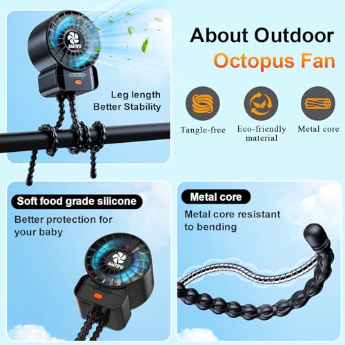 AMTIFO Baby Stroller Fan Portable: High Power Mini Baby Fans Rechargeable 4 Speeds - Flexible Small Tripod Clip On Fan Strong Legs for Car Seat Bed Golf Cart Beach Tent Bike Treadmill