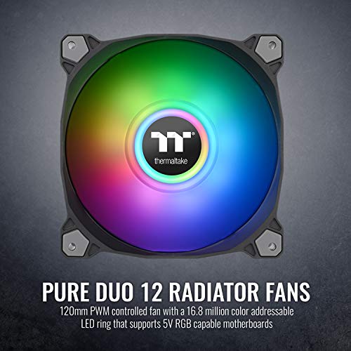 Thermaltake Pure Duo 120mm 16.8 Million RGB Color 5V ARGB Motherboard Sync 2 Light Rings 18 Addressable LED 9 Blades Hydraulic Bearing White Case/Radiator Fan CL-F097-PL12SW-B