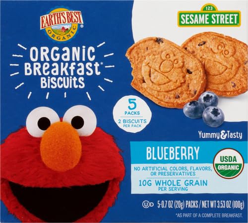 Earth's Best Organic Kids Snacks, Sesame Street Toddler Snacks, Organic Breakfast Biscuits for Kids 2 Years and Older, Blueberry, 5 Packs of 2 Biscuits per Box (Pack of 6)