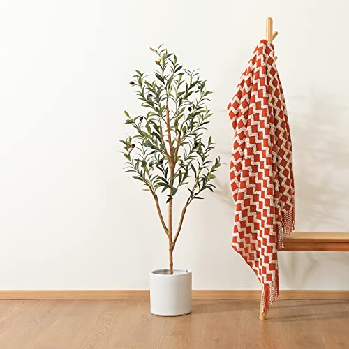 Kazeila Artificial Olive Tree 5FT Tall Faux Silk Plant for Home Office Decor Indoor Fake Potted Tree with Natural Wood Trunk and Lifelike Fruits