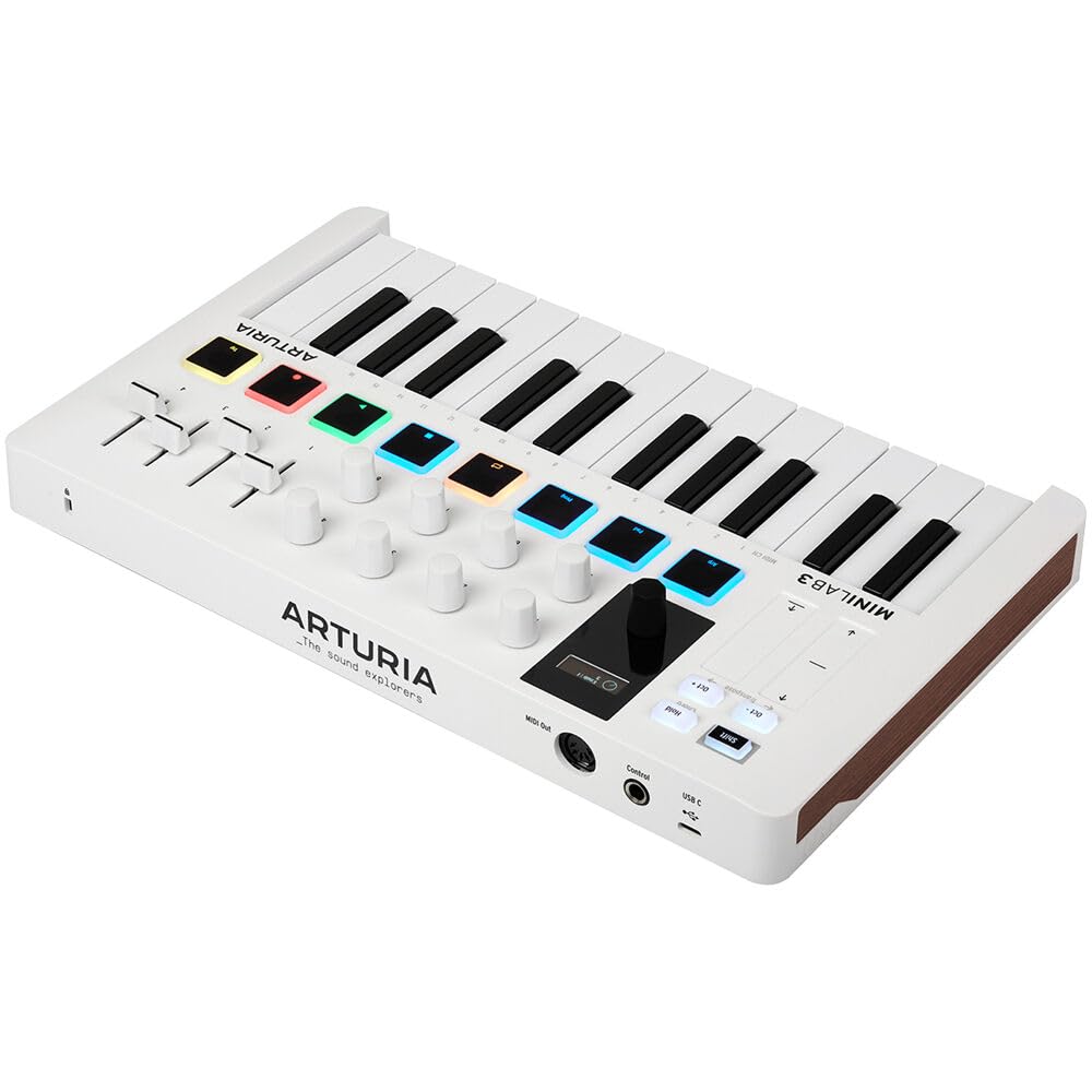 Arturia MiniLab 3 Compact MIDI Keyboard and Pad Controller (White) Bundle with 6ft MIDI Cable & Cleaning Cloth (3 Items)