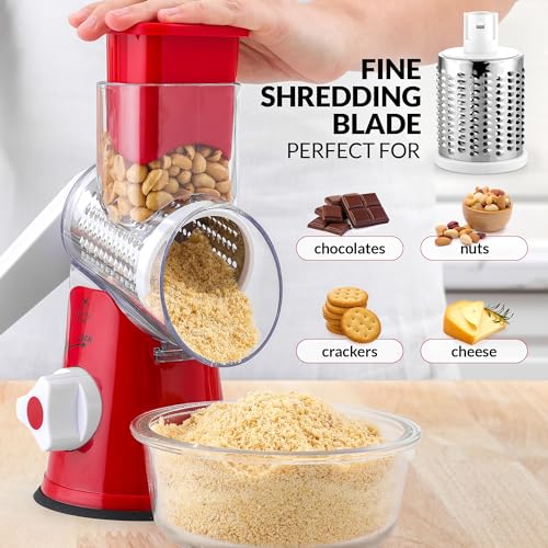 Zulay Kitchen Cheese Grater Hand Crank, Grater For Kitchen With Reinforced Suction - Rotary Cheese Grater With 3 Replaceable Stainless Steel Blades - Easy to Use & Clean - Vegetable Cutter - Red