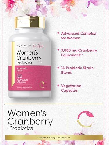 Carlyle Women's Cranberry Plus Probiotics | 120 Capsules | with 14 Probiotic Strains | Vegetarian, Non-GMO, Gluten Free Supplement | for Her