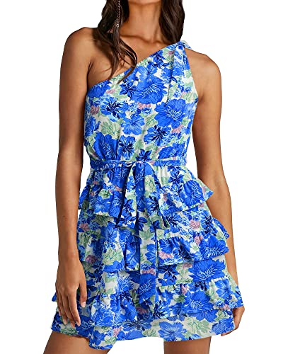 BTFBM Women One Shoulder Summer Dresses 2025 Floral Sundress High Waist Flowy A Line Mini Beach Fall Wedding Guest Dress(Floral Blue White, Small)