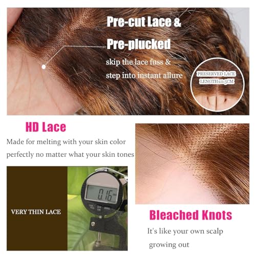 Fronbanis Chocolate Brown Glueless Wigs Human Hair Pre Plucked Pre Cut 180% Density Closure Wigs Human Hair Bob Wig Curly Human Hair Wig Wear and Go Glueless Wig for Women 16 Inches