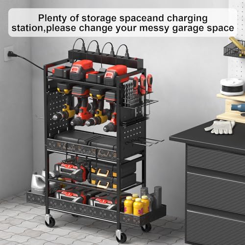 CCCEI Garage Power Tools Organizer Cart with Charging Station, Black Floor Standing Rolling Drill and Tools Battery Storage Cart on Wheels. Black Utility Rack Gift for Men, Husband, Father.