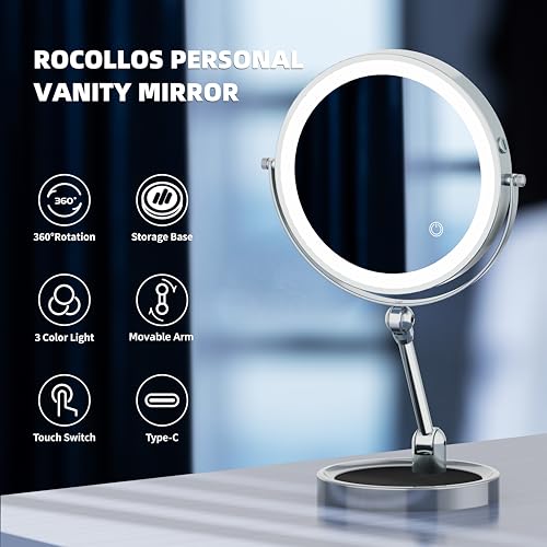 9" Large Lighted Makeup Mirror with 1X/10X Magnification, 4000mAh Rechargeable Vanity Mirror with Height Adjustable & 3 Color Dimmable Lights, 360°Swivel Double Sided Tabletop Cosmetic Mirror