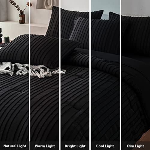 WARMDERN Black Comforter Set Queen Size Soft Bedding Sets Boho Striped Pattern Comforter Set Lightweight Comforter for All Season Down Alternative Comforter Bed in A Bag 7 Piece(Queen, Black)
