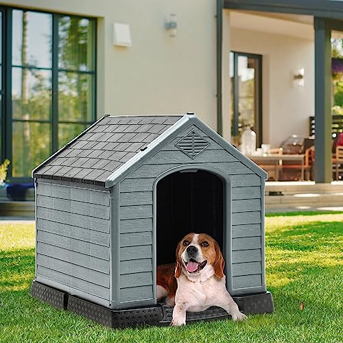 YITAHOME 34.5'' Large Plastic Dog House Outdoor Indoor Doghouse Puppy Shelter Water Resistant Easy Assembly Sturdy Dog Kennel with Air Vents and Elevated Floor (34.5''L*31''W*32''H, Black+Gray)